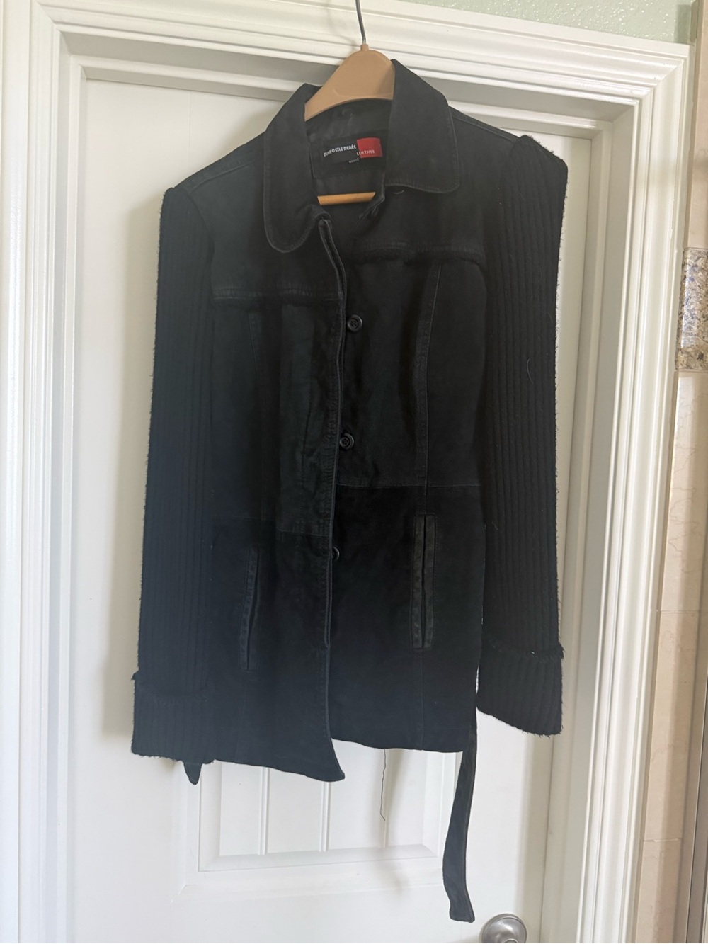 Black Suede Button-Front Women's Jacket with Knit Sleeves